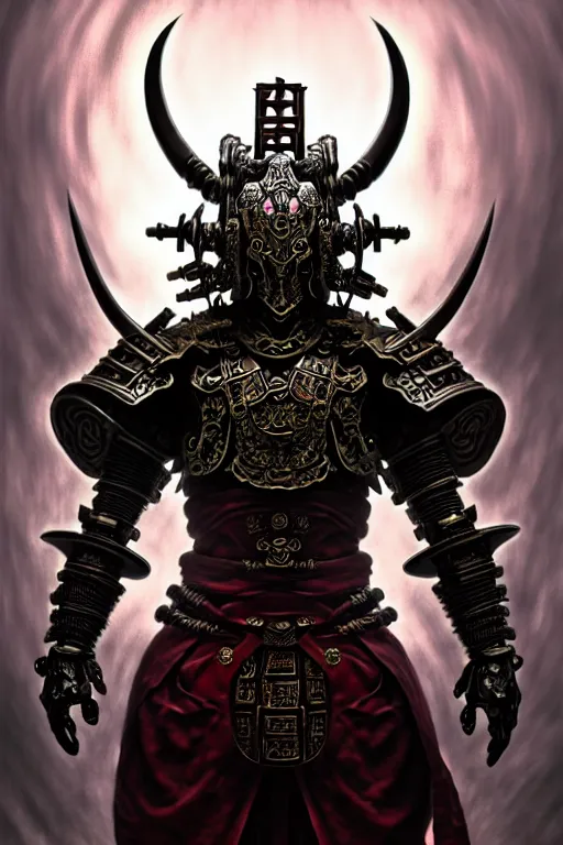 Image similar to asura from chinese myth, ancient japanese samurai, luxurious armor mixed with leather and metal, gothic diablo art, rococo art, cyberpunk, mecha, halfturn portrait of a big crystal face made of crystals half - turn, ominous, intricate, studio, art by anthony macbain + greg rutkowski + alphonse mucha, concept art, 4 k, sharp focus