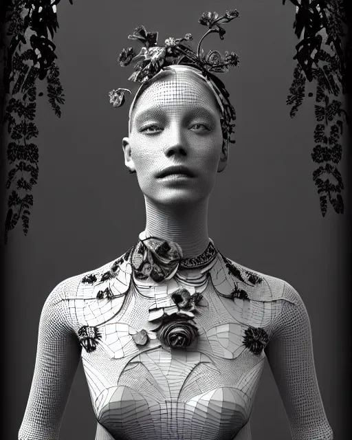 Image similar to monochrome 3 d model, 1 8 7 0 picture, silver mesh floral steampunk biomechanical beautiful young female cyborg with porcelain profile face and a techno eye, volumetric light, leaves foliage and stems, hibiscus flowers, sinuous fine roots, fine foliage lace, alexander mcqueen, rim light, big gothic fashion pearl embroidered collar, octane render, 8 k