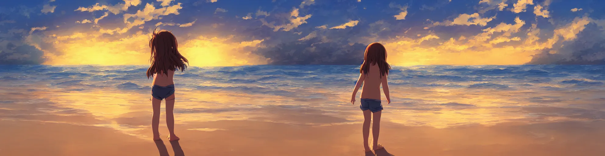Prompt: beautiful, detailed digital painting of a brown-haired child playing on the beach and looking at the sunset, anime by Makoto Shinkai, sand, waves, trending on artstation