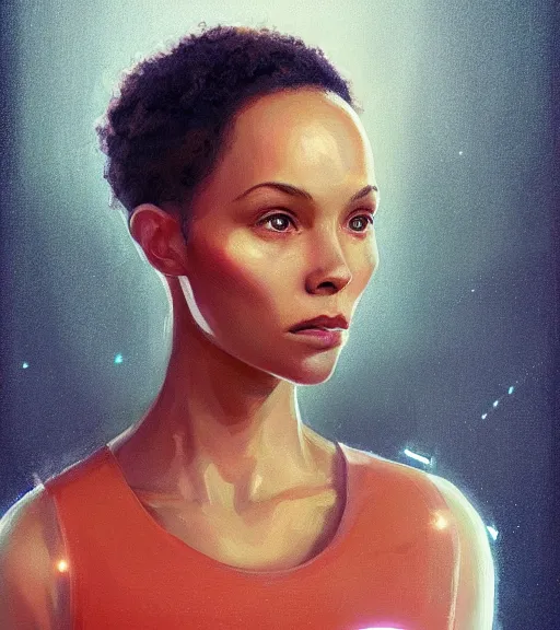 Image similar to portrait of a madeleine mantock 🍑 from the tomorrow people by greg rutkowski, she is about 3 0 years old, slavic, pretty, blond hair with two strans around her face, she is wearing a futuristic space gear, highly detailed portrait, digital painting, artstation, concept art, smooth, sharp foccus ilustration, artstation hq.