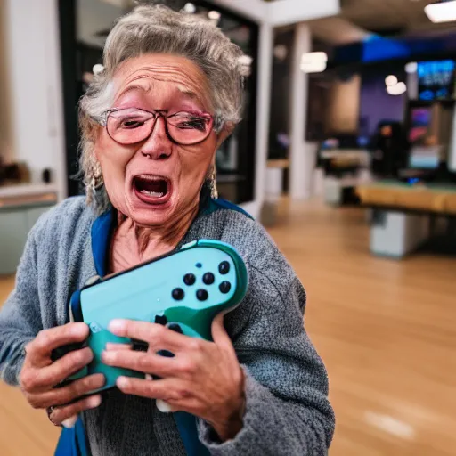 Image similar to elderly woman screaming at a nintendo switch, canon eos r 3, f / 1. 4, iso 2 0 0, 1 / 1 6 0 s, 8 k, raw, unedited, symmetrical balance, wide angle