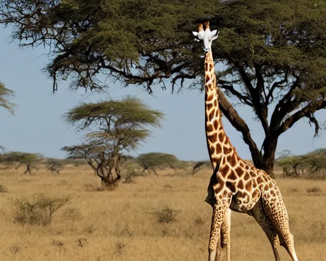 Prompt: a full picture of a whole one giraffe with a short neck in savana