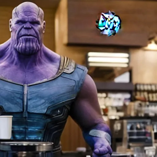 Image similar to a film still of thanos working as a starbucks barista in an upcoming movie, 4 k