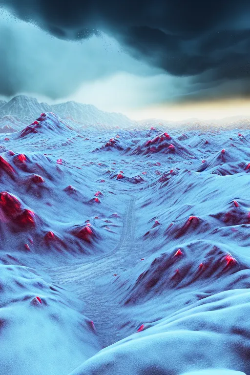 Image similar to a cgi landscape image with snow covred mountains, cinematic matte painting, snowfall, stormy weather, neon lights, extreme detail photo quality, dark moody colors, featured on behance