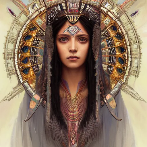 Prompt: portrait of an aztec rain goddess, with white skin, glowing eyes, intricate, elegant, highly detailed, digital painting, artstation, concept art, smooth, sharp focus, illustration, art by artgerm and greg rutkowski and alphonse mucha and william - adolphe bouguereau