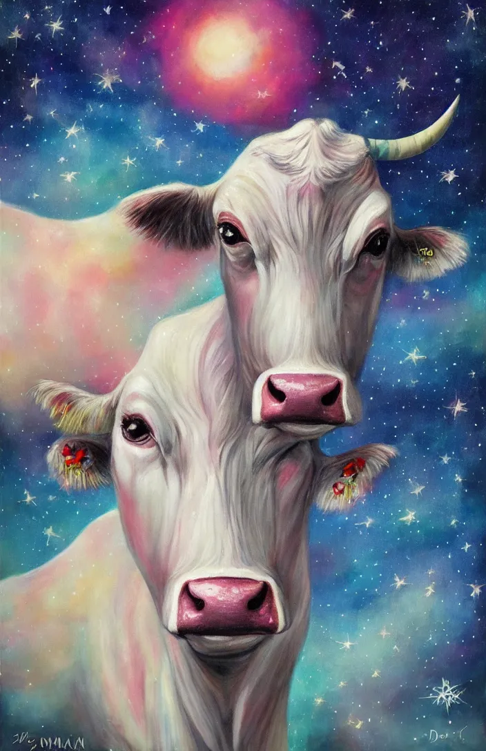 Prompt: cow in the stars in the style of Anna Dittman