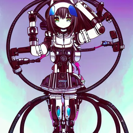 Prompt: Anime manga robot!! Anime girl, cyborg girl, exposed wires and gears, fully robotic!! girl, manga!! in the style of Junji Ito and Naoko Takeuchi, cute!! chibi!!! Schoolgirl, epic full color illustration, tattoo