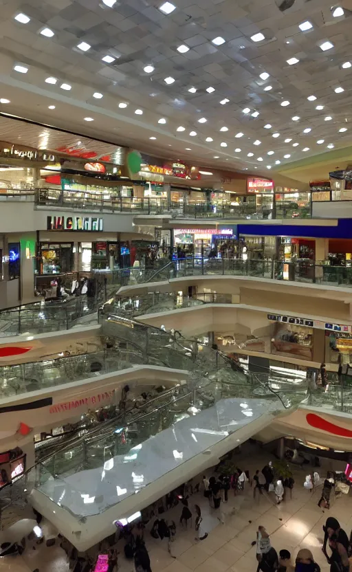 Image similar to photo of a chrome blob hovering in a mall food court, sharp wide shot mallsoft