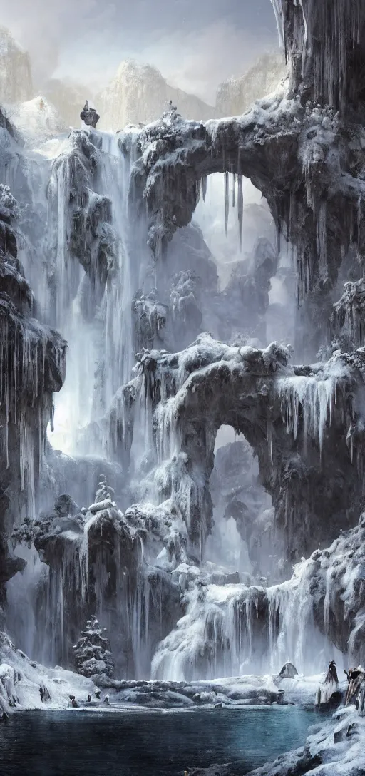 Image similar to a gigantic palace made of crystal stone with arches and bridge on top of a waterfall in the snow, blizzard, a small stream runs beneath the waterfall, landscape, raphael lacoste, eddie mendoza, alex ross, concept art, matte painting, highly detailed, rule of thirds, dynamic lighting, cinematic, detailed, denoised, centerd