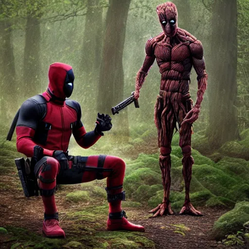 Image similar to deadpool and groot in the woods playing digital art 4 k detailed