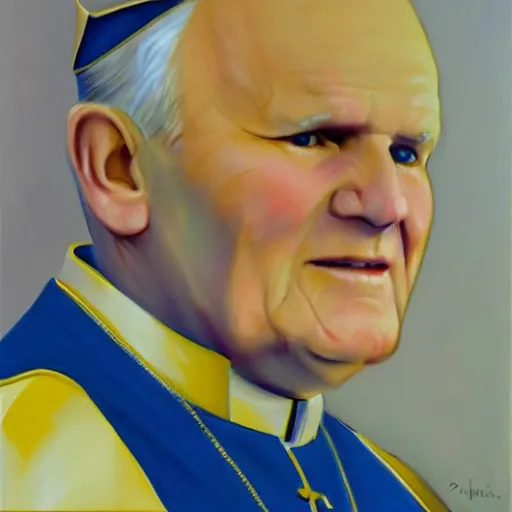 Image similar to award - winning painting of john paul ii with yellow skin, blue background