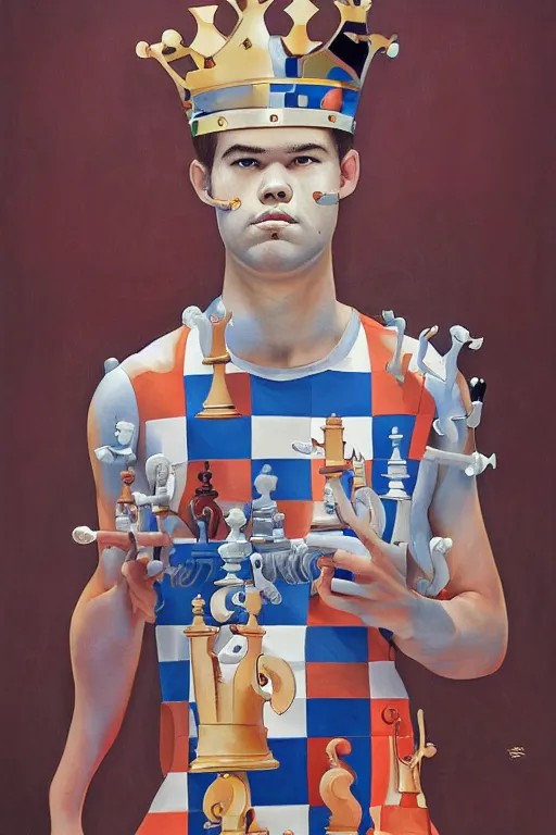 Image similar to a painting of magnus carlsen as king of chess, a surrealist painting by james jean, trending on cgsociety, pop surrealism, androgynous, grotesque, angular