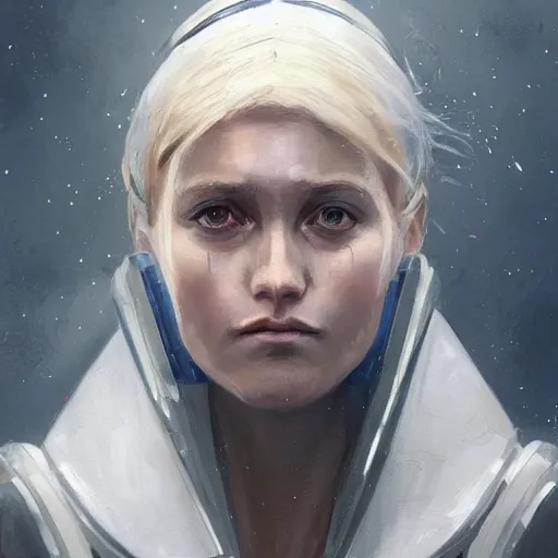 Prompt: portrait of a woman by greg rutkowski, she is about 3 0 years old, slavic, pretty, blond hair with two strans around her face, crying, helplessness and denial, she is wearing a futuristic space gear, highly detailed portrait, digital painting, artstation, concept art, smooth, sharp foccus ilustration, artstation hq.