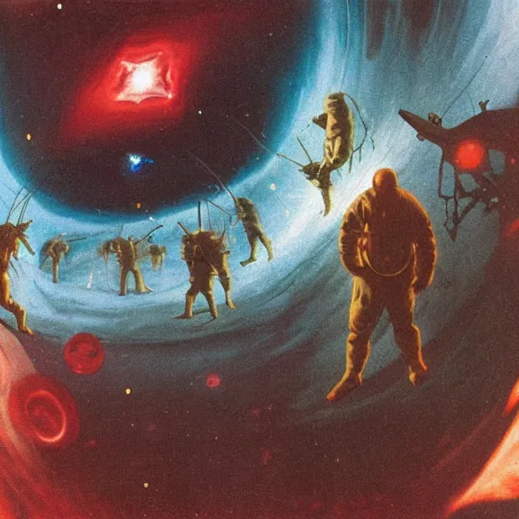 Prompt: two scientists wearing red rick owens hazmat suits in a glowing geometric nebula wormhole tunnel by frank frazetta