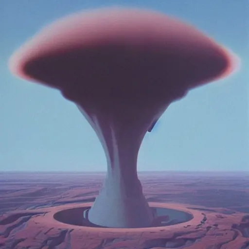 Image similar to powerful chilled land pearnuclear explosion phantasm, by chesley bonestell and beeple, oil on canvas, child's drawing