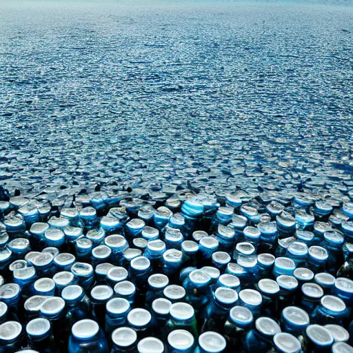 Prompt: sea with million bottles