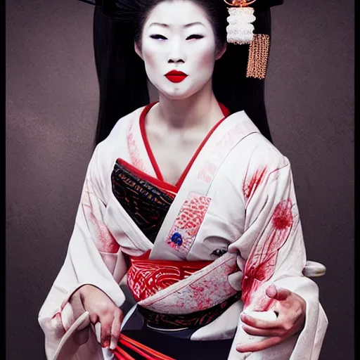 Image similar to geisha as a samurai, in battle, advertising photography