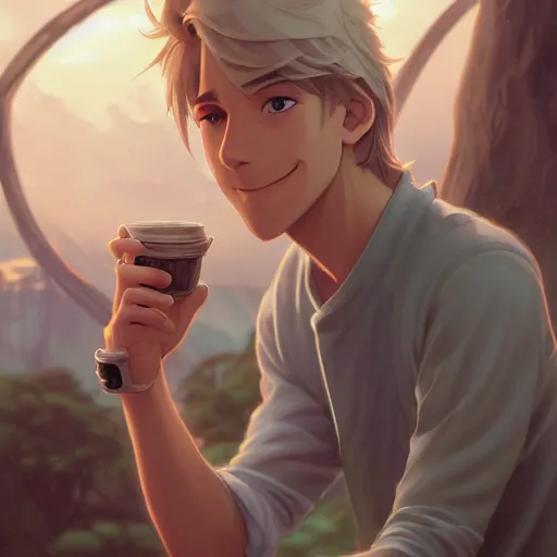 Image similar to young man with short, ash blond greyish hair, light brown eyes, casual clothes, relaxing, happy, path traced, highly detailed, high quality, digital painting, by don bluth and ross tran and studio ghibli and alphonse mucha, sylvain sarrailh, beautiful details