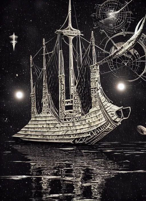 Image similar to photo of moonlanding with an old pirateship, scifi, aesthetic, fine art, intricate, elegant, highly detailed, centered, phograph, art station, conceptual art, soft, sharp focus,