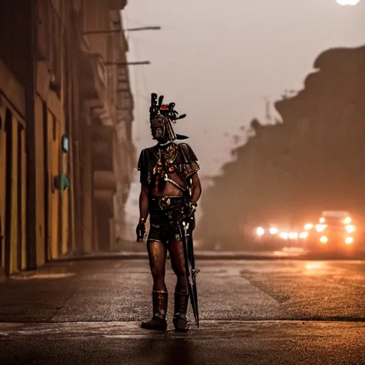 Prompt: empty street, inca warrior, portrait, at night, during storm, by addy campbell, cinematography by quetzalcoatl