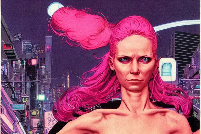 Prompt: 1979 OMNI Magazine Cover of woman with shiny Chrome aluminum skin face with Pink hair. neo-Tokyo streets behind her. in cyberpunk style by Vincent Di Fate
