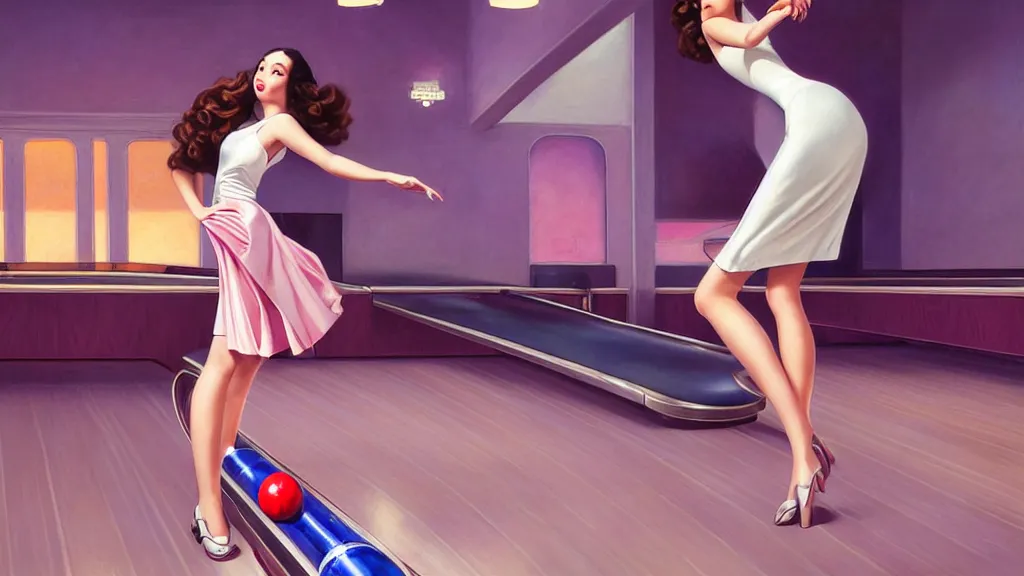 Prompt: art deco bowling alley, cute girl bowling, photo, ultra detail, photoreal, professionally retouched, soft moonlight lighting, shiny plastic miniskirt, realistic, smooth face, goddess, luscious lips, perfect eyes, wide angle, sharp focus on eyes, 8 k high definition, insanely detailed, intricate, elegant, art by artgerm and wlop