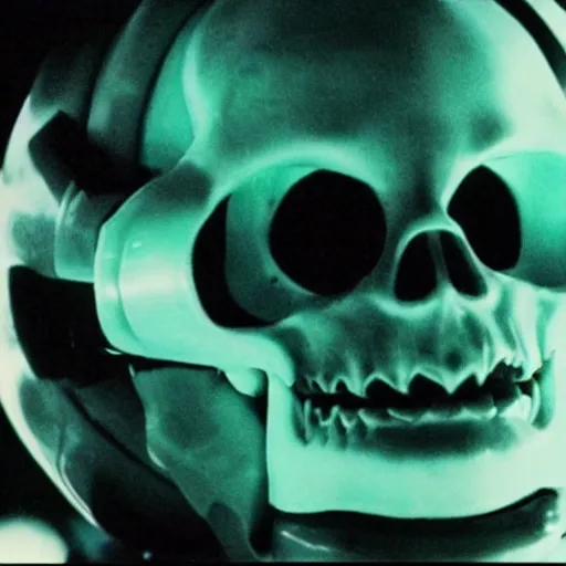 Prompt: glowing alien skull, 1 9 6 0 s, color bleed, video compression, video glitch, monochrome, akira kurosawa, mamoru oshii, wes anderson, stanley kubrick