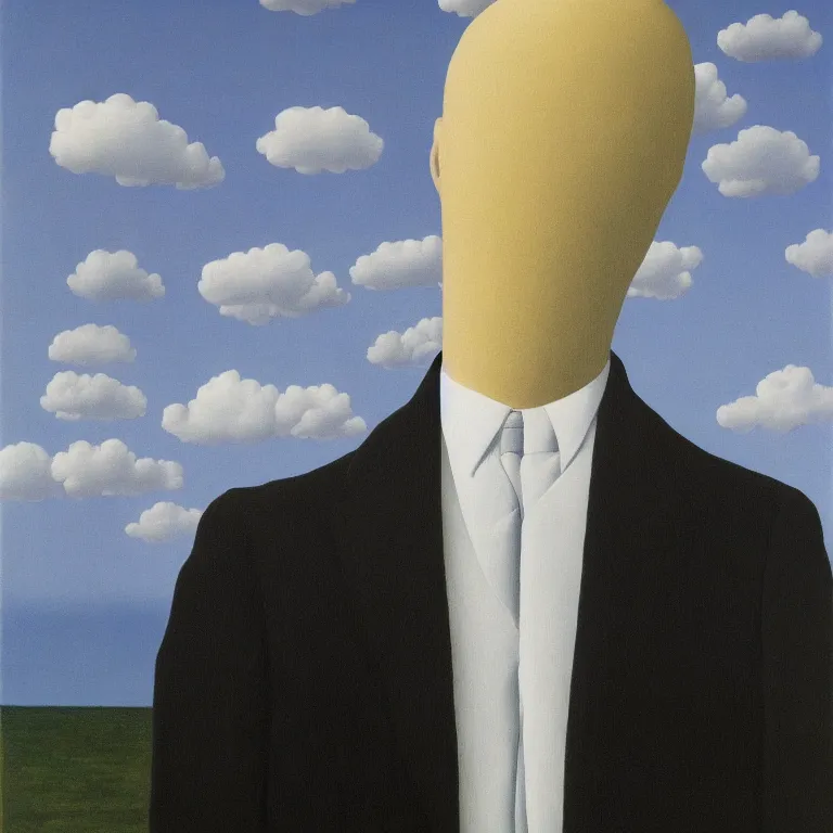 Image similar to portrait of a faceless shadow - head man in a suit, clouds in the background, by rene magritte, detailed painting, distance, centered, hd, hq, high resolution, high detail, 4 k, 8 k