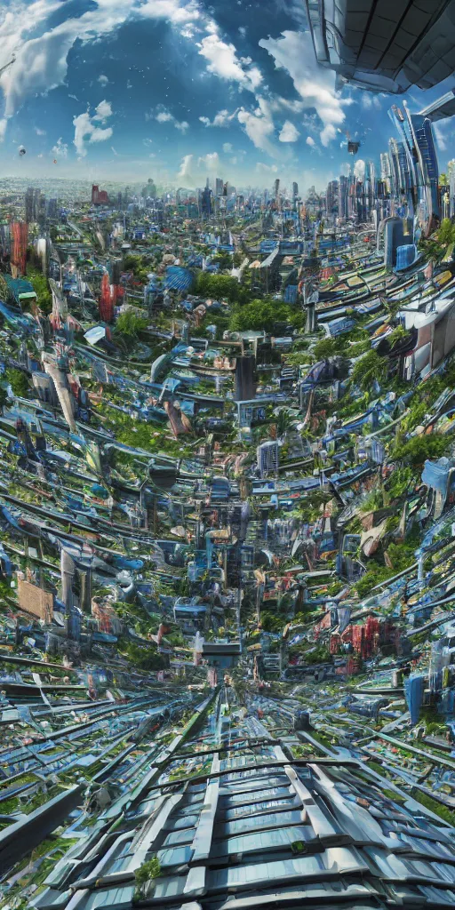 Prompt: Bustling photorealistic!!! utopian city reimagined by Max Hay, inverted fisheye lens!!!, eyelevel!!! view!!! photography, trending on artstation, 4k, 8k, lens distortion, chromatic aberration, soft focus blur, photorealistic imagery, photorealistic details, intricate, highly detailed, artstation 3d, artstation render, artstation 3d render, 3d art, unreal engine 3d, octane 3d, blender 3d, 3d landscape