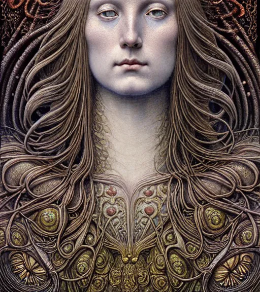 Image similar to detailed realistic beautiful nerite goddess face portrait by jean delville, gustave dore, iris van herpen and marco mazzoni, art forms of nature by ernst haeckel, art nouveau, symbolist, visionary, gothic, neo - gothic, pre - raphaelite, fractal lace, intricate alien botanicals, ai biodiversity, surreality, hyperdetailed ultrasharp octane render