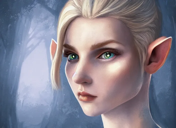 Image similar to digital painting of an elf with blonde hair, concept art, matte painting, digital painting, realism, side lighting XF IQ4, f/1.4, ISO 200, 1/160s, 8K, RAW, unedited, symmetrical balance, in-frame