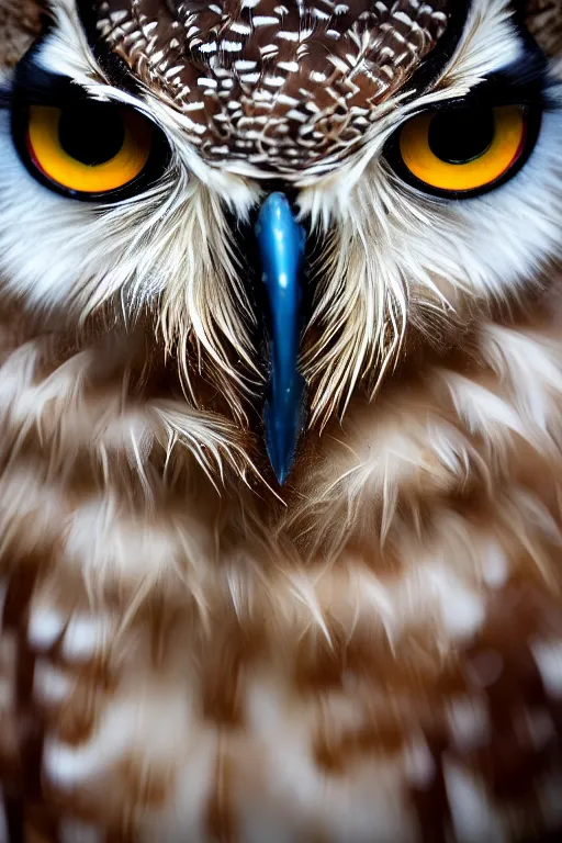 Image similar to a macro photo of a gorgeous owl with beautiful big eyes staring at the camera, dynamic pose, close - up, intricate details, intricately detailed feathers, intricate textures, warm lighting, vivid colors, smoke and mist, realistic octane render, hyper realistic render, volumetric shading, depth of field, raytracing, 8 k,