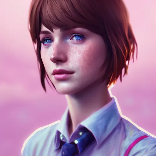 Prompt: portrait of Max Caulfield, Life is Strange, blue eyes, face, freckles, fantasy, intricate, elegant, pink mist, highly detailed, digital painting, trending on artstation, concept art, smooth, sharp focus, illustration, art by artgerm and greg rutkowski and alphonse mucha, unreal engine, 4k, 8k