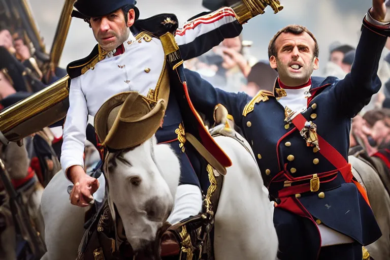 Image similar to closeup portrait of emmanuel macron dressed as napoleon firing cannons from his arms, natural light, sharp, detailed face, magazine, press, photo, steve mccurry, david lazar, canon, nikon, focus