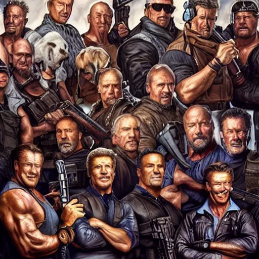 Image similar to A group photo of the cast of Expendables but it's all Arnold Schwarzenegger, western, D&D, fantasy, intricate, elegant, highly detailed, digital painting, artstation, concept art, matte, sharp focus, illustration, art by Artgerm and Greg Rutkowski and Alphonse Mucha