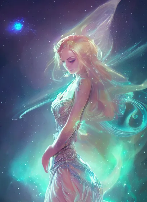 Image similar to a highly detailed illustration of elegant goddess wearing cosmic dress, elegant floating pose, beautiful detailed figure, nebula background, intricate, elegant, highly detailed, centered, digital painting, artstation, concept art, smooth, sharp focus, league of legends concept art, wlop