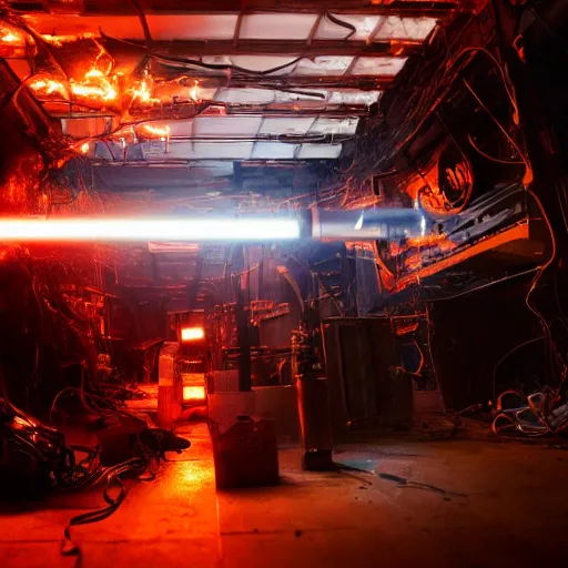 Image similar to overcharging toaster oven, tangles of metallic cables, dark messy smoke - filled cluttered workshop, dark, dramatic lighting, orange tint, sparks, plasma charges, cinematic, highly detailed, sci - fi, futuristic, movie still