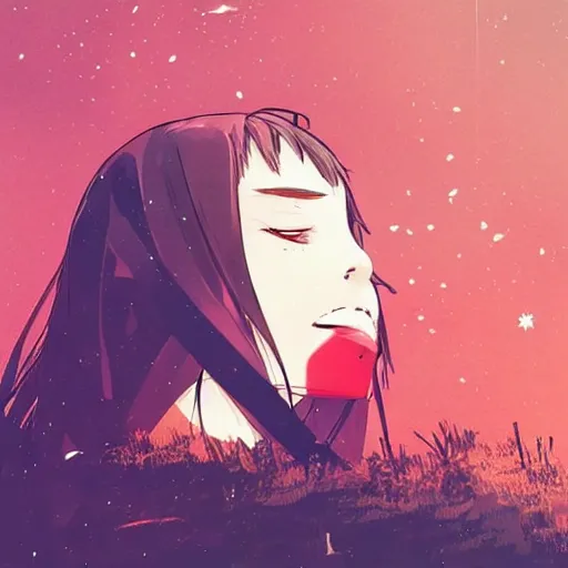 Image similar to woman crying sitting on a hill, outside, night sky, anime style, landscape, by Conrad Roset, digital art, trending on artstation