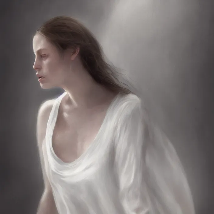 Prompt: a wonderful realistic portrait of a lonely woman who is dressed with a wonderful, majestic, large semi transparent white cotton dress, accent white lighting, dramatic light, octane render by roberto ferri, fantasy art, photo realistic, dynamic lighting, unreal engine rendered, artstation, poster, dramatic light, - 8 k, award winning