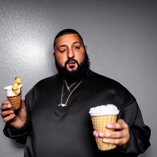 Image similar to a highly detailed realistic photographic render saint dj khaled with ice cream in hands, religious sculpture, cinematic lighting, cinematic scene, Volumetric lighting, Atmospheric scene, Dark, Horror, Atmospheric lighting, Global illumination, realistic, photo realism, hyper realistic, hyper realism, photo realisitc, cinematic render, film, beautifully lit, ray traced, octane 3D render, octane render, unreal engine