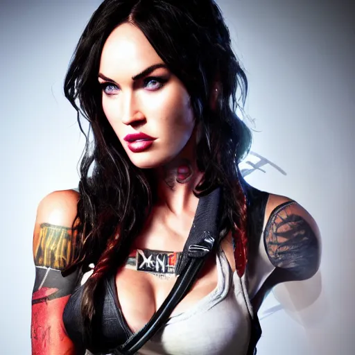 Image similar to megan fox portrait, borderlands, tales from the borderlands cinematic lighting, studio quality, 8 k