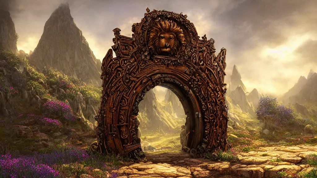 Prompt: A giant medieval fantasy portal gate with a rusty gold carved lion face at the center of it, the portal takes you to another world, full of colorful flowers on the lost Vibes and mountains in the background, spring, delicate fog, sea breeze rises in the air, by andreas rocha and john howe, and Martin Johnson Heade, featured on artstation, featured on behance, golden ratio, ultrawide angle, f32, well composed