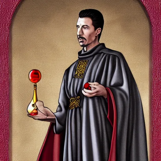 Prompt: petyr baelish smirking dressed in grey robes with red and gold trim, slightly turned to the right, ultra detailed, photorealistic, holding a crystal ball, magic the gathering style art, standing with a black background, high quality,