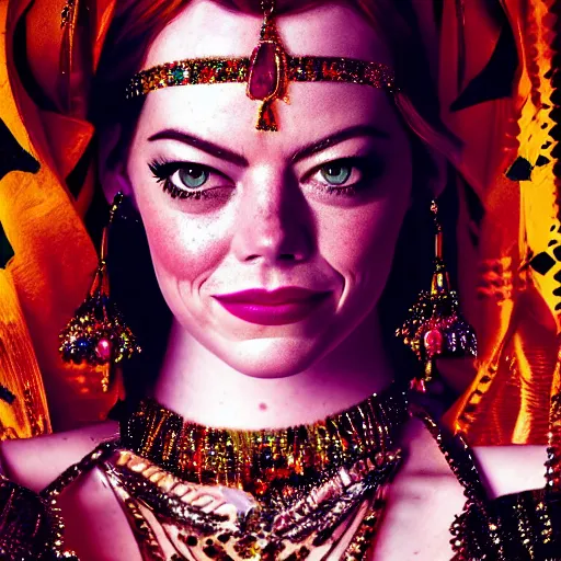 Image similar to a digital portrait of emma stone dressed as a belly dancer, arabian night, high quality, fully detailed, 4 k, in focus face with fine details, realistic hand details and anatomy