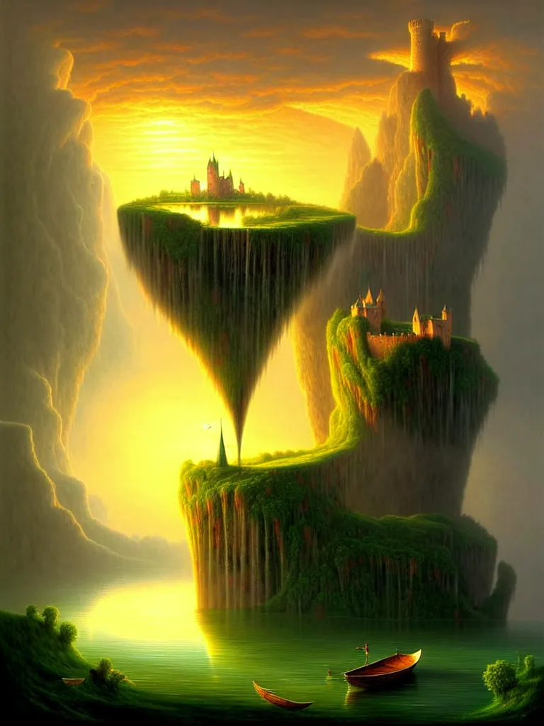 Image similar to gediminas pranckevicius an immense gigantic ornated iron cup with a lake inside, water in excess droping by thomas cole, boats, castle, sunset, volumetric light, godrays