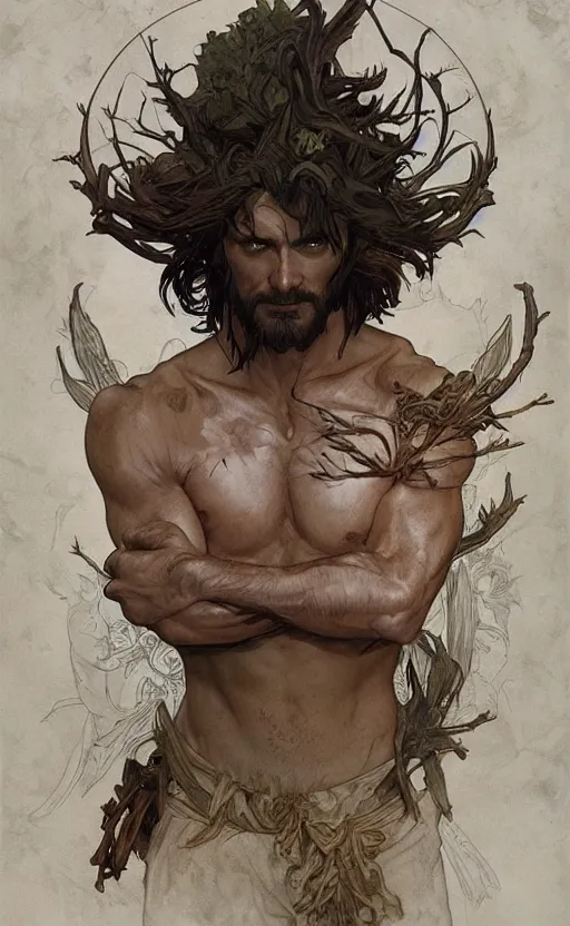 Image similar to god of the forest, 3 0 years old, rugged, male, gorgeous, detailed face, amazing, thighs, full body shot, long hair, muscular, intricate, highly detailed, digital painting, artstation, concept art, sharp focus, illustration, art by greg rutkowski and alphonse mucha