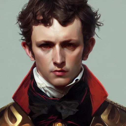 Image similar to Fierce Napoleon, closeup, intricate, elegant, highly detailed, digital painting, artstation, concept art, matte, sharp focus, illustration, art by Artgerm and Greg Rutkowski and Alphonse Mucha