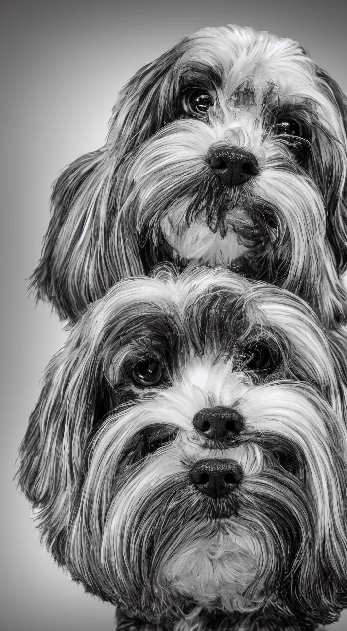 Image similar to self - portrait of one havanese dog reflected in a chrome sphere, ultra wide 1 0 mm, by m c escher pen and paper
