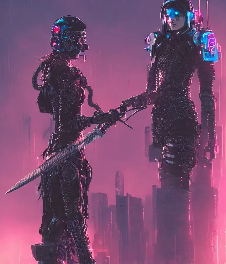 Image similar to [ grimes in medieval cyberpunk armor ]! holding a [ sword in her hand ]! looking out into the [ futuristic cyberpunk city ]!, digital art style, anime style, trending on [ artstation ], 4 k, cgsociety contest winner, award winning, neon! lighting, neon subsurface scattering!, intricate, full - body!, volumetric lighting!