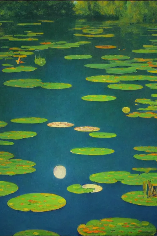 Prompt: cinematic aerial view of decorated surrealist lily pad lake garden at night by Edward Hopper, Japanese 1920s art deco, the moon reflects in the water, the moon casts long exaggerated shadows where crystalline light rays refract dust, blue hour, impressionst oil painting on wood, big impressionist oil paint strokes, aerial view